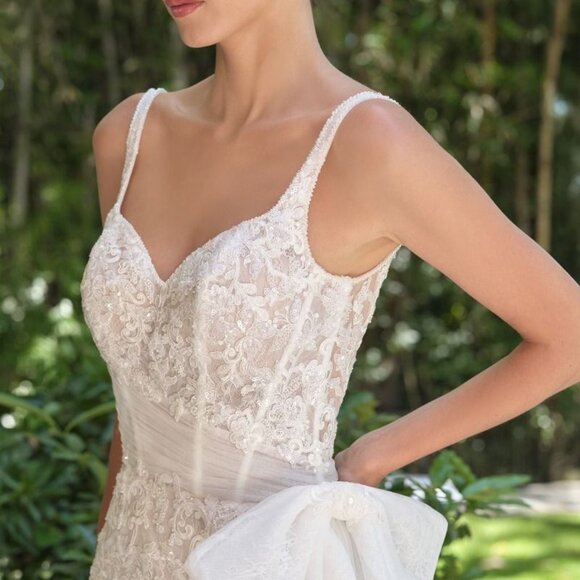 New Off White Nude Wedding Tulle Gown w/ Side Hip Bow & Floral Lace CD WL068 - Picture 4 of 13